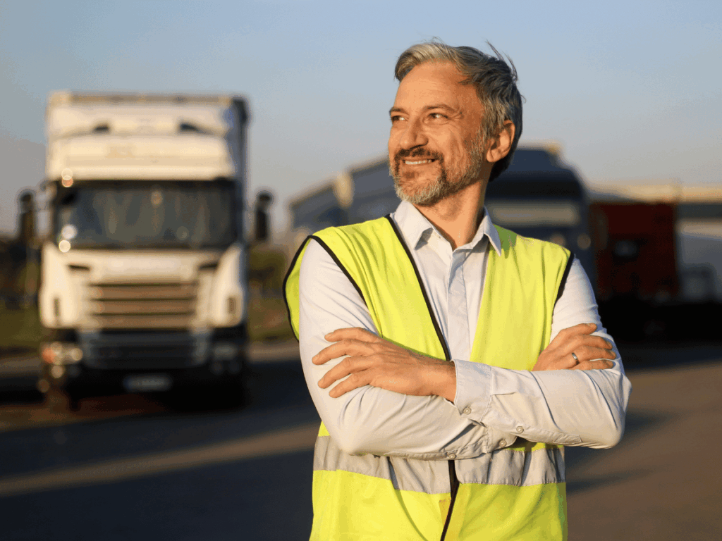 an experienced hgv training instructor stands in front of a fleet of hgvs providing a full hgv training package
